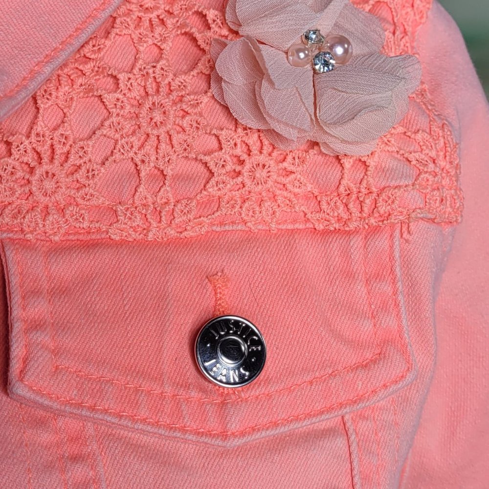 Peach denim floral fun refashioned jacket by FancyMadame1002 - Picture 4 of 6